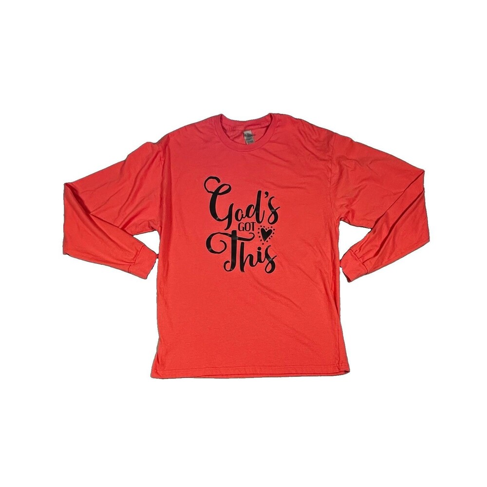 Gildan Women XL God's Got This Christian Graphic Long Sleeve Shirt Pink Coral